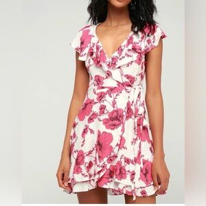 Free People French Quarter Floral Mini Wrap Dress Ruffle Short Sleeve Pink Sz M